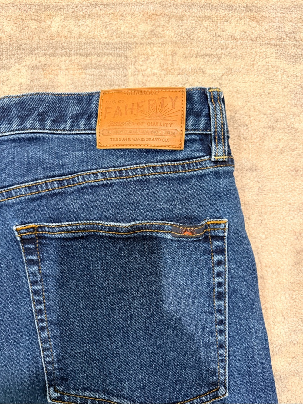 Faherty Blue Denim Jeans with Tan Leather Patch